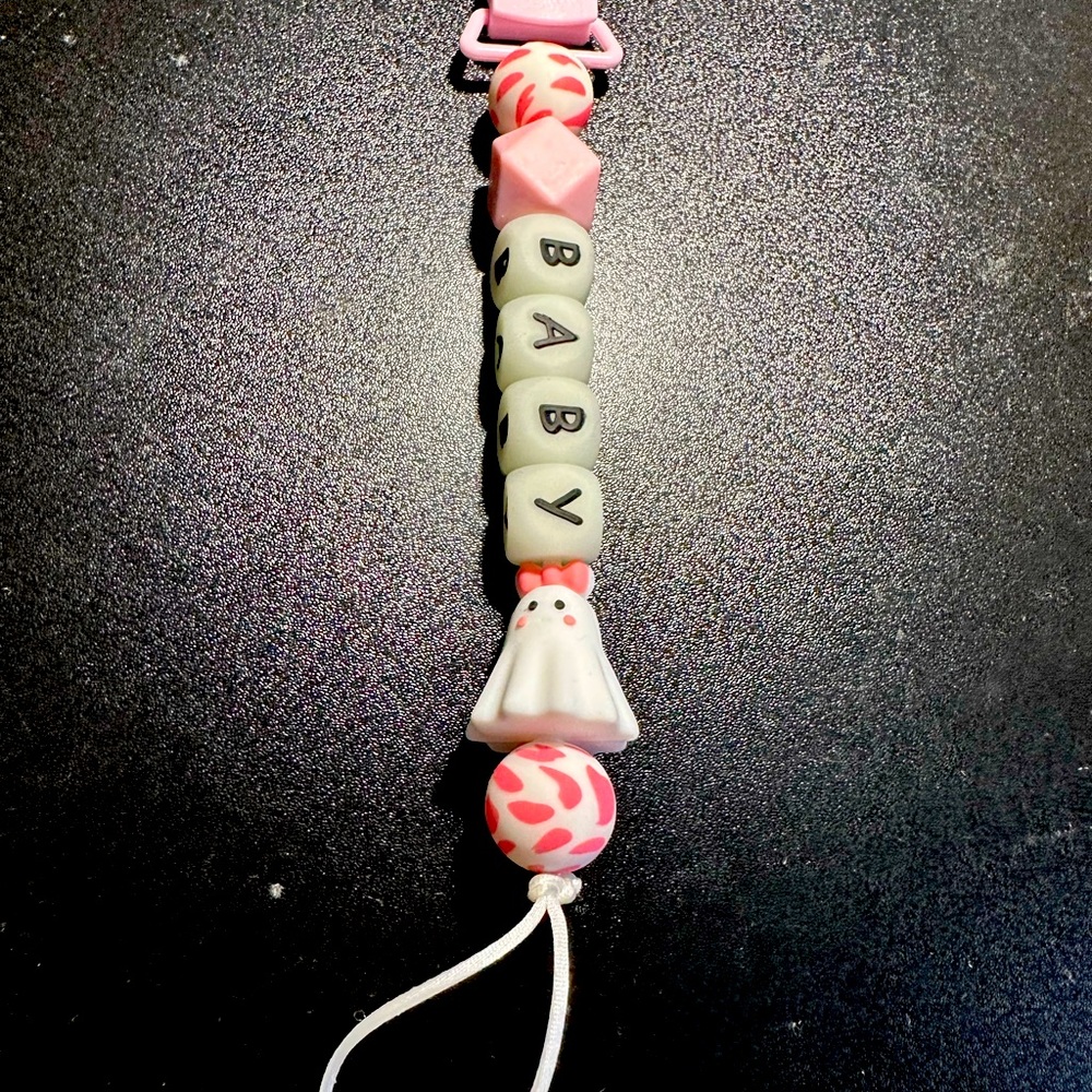 Handmade Pacifer Clip on holder Baby Girl Ghost Glow in dark